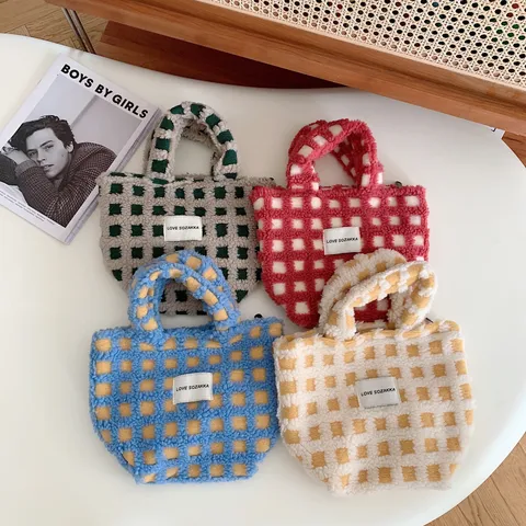 Femmes Mignon Sac Cabas Peluche Carreaux Polaire Sac à Main Décontracté Hiver
