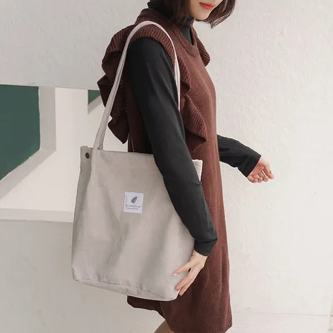 Sac Bandoulière en Velours Côtelé pour Femme Grande Capacité Tote Bag Sac Seau Décontracté Couleur Unie Sac à Main