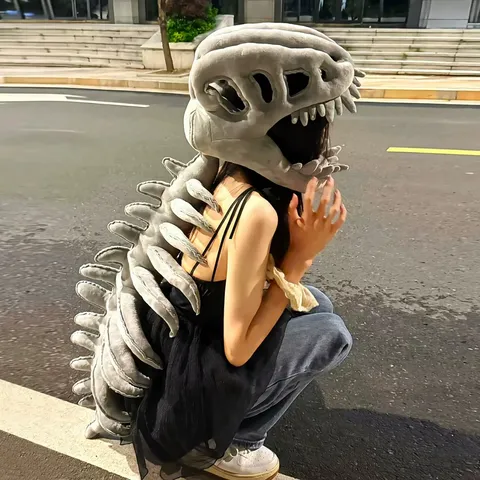 Halloween Dinosaur Skeleton Headgear Exoskeleton Plush Toy Novelty Cosplay Dinosaur Skull Hat Costume Party Gift
