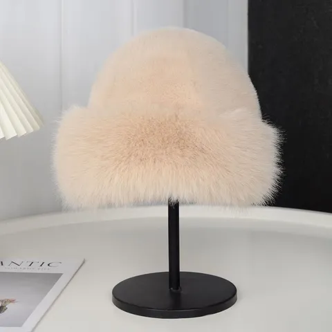 Chapeau Mongol en Fausse Fourrure de Renard pour Femme Hiver Chaud Épaissi Coupe-vent Bucket Hat Protection des Oreilles Chapeau de Pêcheur
