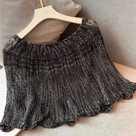 Women Summer Knitted Shawl Cape Hollow Out Sun Protection Ice Silk Poncho Casual Beach Cover Up Elegant Cardigan Shawl