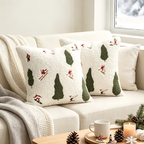 Federa per Cuscino in Peluche Ricamata con Albero di Natale e Fiocco di Neve Decorazione per la Casa Festiva