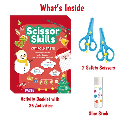 Libro di Attività per il Taglio della Carta di Natale per Bambini Educazione Precoce Abilità Motorie Fine Kit Fai da Te Con Forbici di Sicurezza Colla