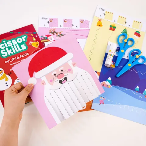 Libro di Attività per il Taglio della Carta di Natale per Bambini Educazione Precoce Abilità Motorie Fine Kit Fai da Te Con Forbici di Sicurezza Colla
