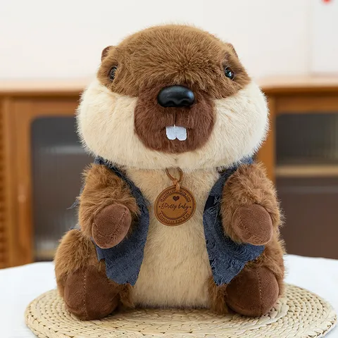 Carino Peluche a Forma di Marmotta Bambola di Peluche Animale Morbido Con Gilet in Denim Regalo di Compleanno per Bambini