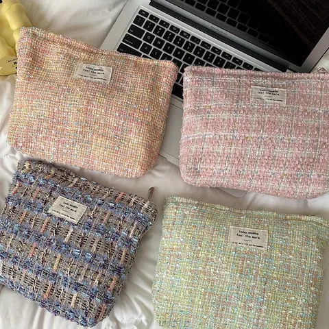 Chic Trousse de Maquillage en Tweed Carreaux Laine Trousse de Toilette Voyage Femmes Quotidien Rangement Sac Main