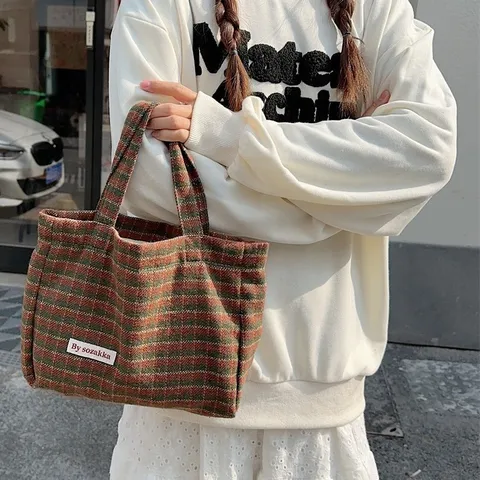 Sac Cabas en Tissu Laine Carreaux Vintage pour Femme Sac à Main Chic et Décontracté Mode Hiver Sac Bandoulière Quotidien