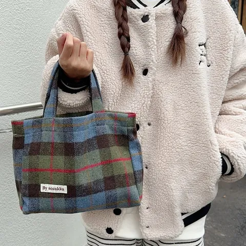 Sac Cabas en Tissu Laine Carreaux Vintage pour Femme Sac à Main Chic et Décontracté Mode Hiver Sac Bandoulière Quotidien