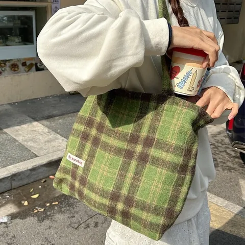 Sac Cabas Carreaux en Laine Grande Capacité Décontracté pour Femmes Sac Bandoulière Tissé Vintage Automne Hiver Quotidien