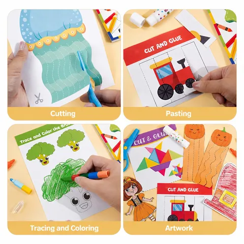 Kinder Bastelset Papierschneidebuch Mit Sicherheitsschere Und Klebestift Cartoon DIY Pädagogisches Handgemachtes Materialpaket