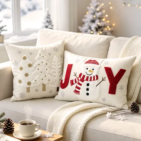 Federa per Cuscino in Peluche Ricamata con Albero di Natale e Fiocco di Neve Decorazione per la Casa Festiva