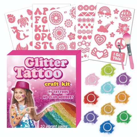 Kids Glitter Tattoo Kit Temporary Tattoo Set With 10 Colors Glitter Powder Stencils Brushes Body Art Party Supplies