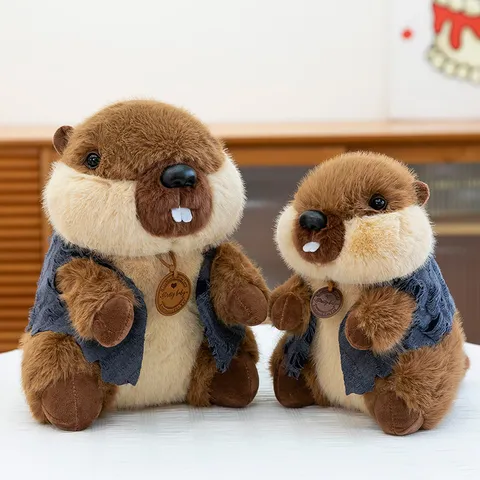 Carino Peluche a Forma di Marmotta Bambola di Peluche Animale Morbido Con Gilet in Denim Regalo di Compleanno per Bambini