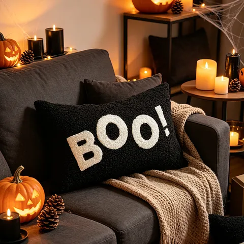 Federa per Cuscino con Ricamo di Zucca e Fantasma di Halloween Federa Nera Decorativa per Divano Autunnale Decorazione per Soggiorno