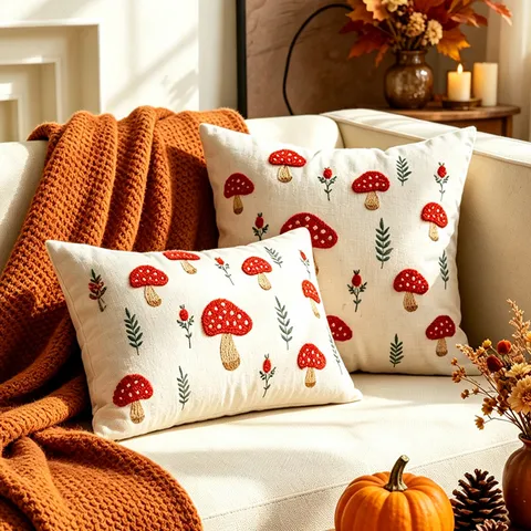 Retro Autunno Fodera per Cuscino Ricamata 3D Fungo Poliestere Decorativa Quadrata Federa per Divano Decorazione