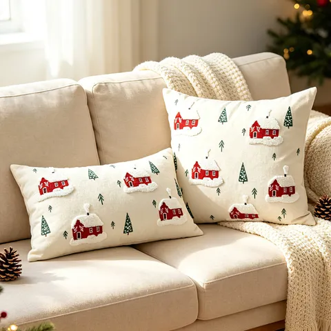 Federa per Cuscino Natalizia in Ciniglia Motivo Casa Rossa e Pino Moderno Minimalista Copricuscino Decorativo per Divano