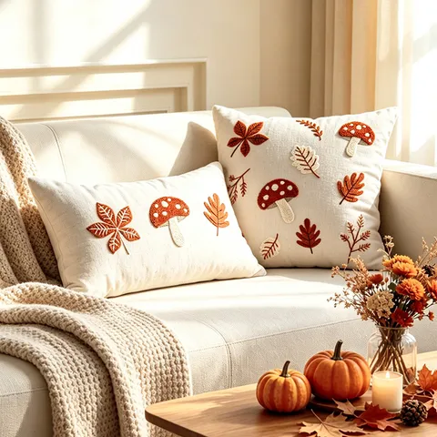 Retro Autunno Fodera per Cuscino Ricamata 3D Fungo Poliestere Decorativa Quadrata Federa per Divano Decorazione