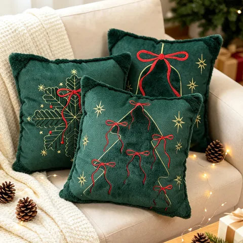 Fodera per Cuscino Decorativa di Natale Pelliccia Sintetica Ricamato Fiocco di Neve Albero Fiocco per Divano