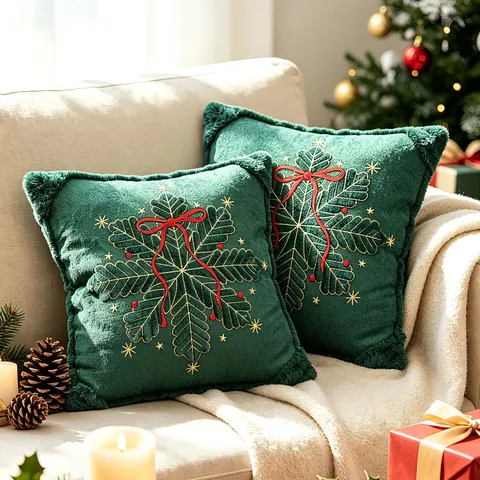 Fodera per Cuscino Decorativa di Natale Pelliccia Sintetica Ricamato Fiocco di Neve Albero Fiocco per Divano