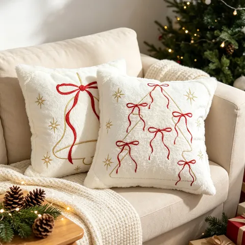 Federa Cuscino Decorativo Natalizio Pelliccia Sintetica Ricamata Albero di Natale Federa per Divano Decorazione Casa