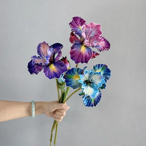 Flor de Iris Artificial Estilo Pintura al Óleo Vintage Flor de Seda Decoración de Hogar Hotel Accesorio de Fotografía Tallo de Flor