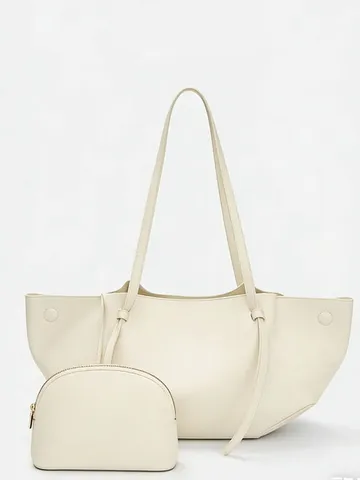 Women Large Capacity Tote Bag PU Leather Commuting Shoulder Bag Niche Design Retro Casual Handbag With Pouch