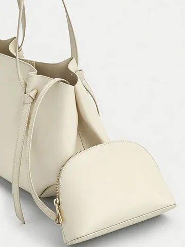 Women Large Capacity Tote Bag PU Leather Commuting Shoulder Bag Niche Design Retro Casual Handbag With Pouch
