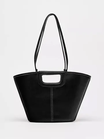 Women PU Leather Bucket Bag Large Capacity Casual Shoulder Bag Fashion Tote Handbag With Contrast Stitching