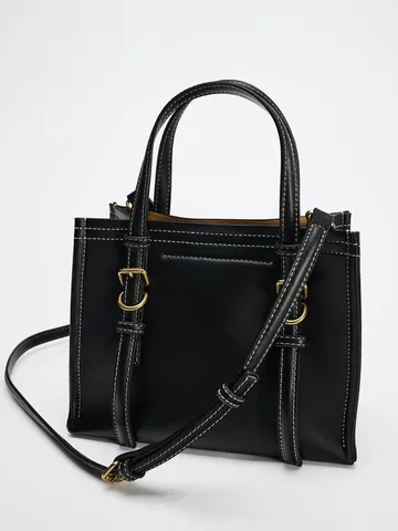 Women Mini Top Handle Bag PU Leather Crossbody Bag Contrast Stitching Casual Commuting Shoulder Bag Fashion Handbag