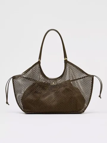 Women Fashion Mesh Tote Bag Large Capacity Casual Commuting Handbag Retro Woven Shoulder Bag Daily Shopping Bag
