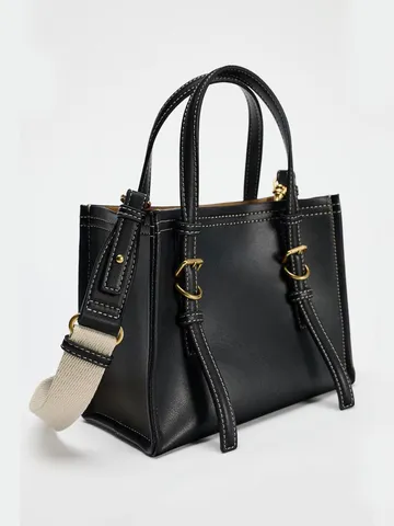 Women Mini Top Handle Bag PU Leather Crossbody Bag Contrast Stitching Casual Commuting Shoulder Bag Fashion Handbag