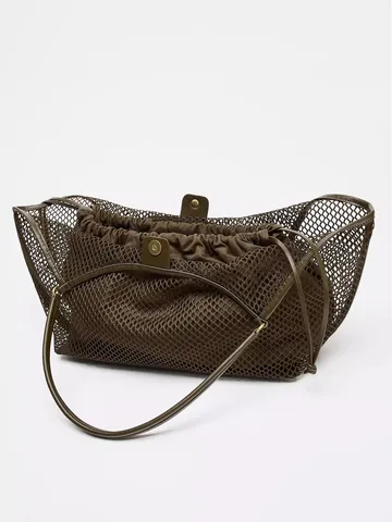 Women Fashion Mesh Tote Bag Large Capacity Casual Commuting Handbag Retro Woven Shoulder Bag Daily Shopping Bag
