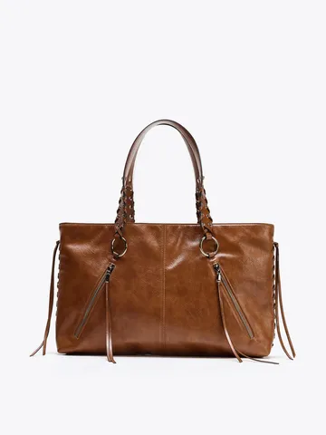 Vintage Large Capacity Women Handbag Commuter Casual PU Leather Tote Bag Rivet Shoulder Bag Travel Purse