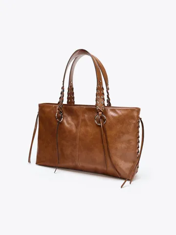 Vintage Large Capacity Women Handbag Commuter Casual PU Leather Tote Bag Rivet Shoulder Bag Travel Purse
