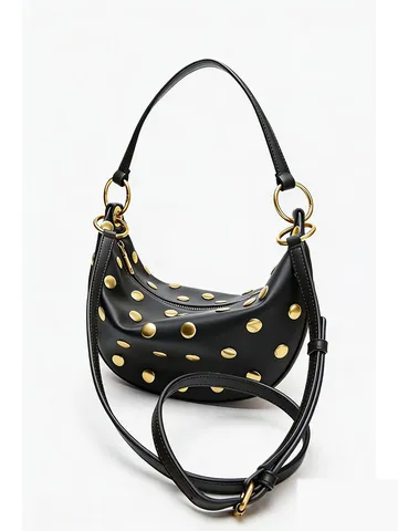 Retro Rivet Crescent Underarm Bag PU Leather Small Shoulder Bag Vintage Solid Color Casual Handbag For Women