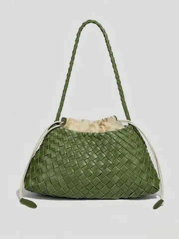 Woven PU Leather Shoulder Bag Retro Handbag Large Capacity Casual Underarm Tote Bag Women Fashion Chic Purse