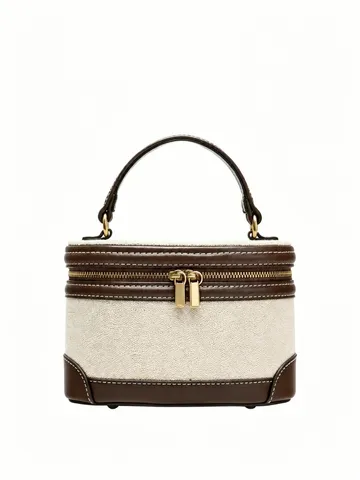 Women Fashion Color Block Canvas PU Leather Handbag Vintage Top Handle Bag Casual Cosmetic Makeup Storage Bag