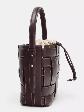 Women Woven Bucket Bag PU Leather Tote Handbag Casual Daily Shoulder Crossbody Bag With Drawstring Closure