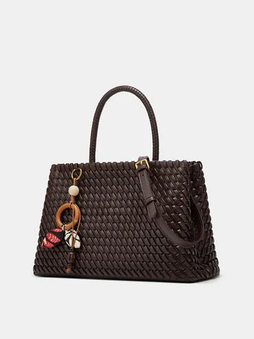 Women Woven PU Leather Tote Bag Casual Handbag Chic Shoulder Crossbody Bag With Pendant Fashion Daily Purse
