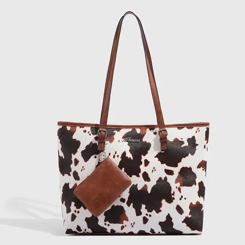 Women Large Capacity Tote Bag PU Leather Leopard Cow Print Shoulder Bag With Pouch Fashion Casual Handbag