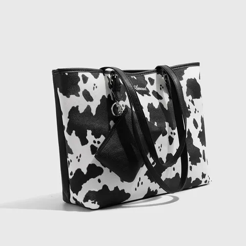 Women Large Capacity Tote Bag PU Leather Leopard Cow Print Shoulder Bag With Pouch Fashion Casual Handbag