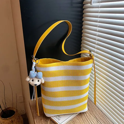 Women Casual Color Block Striped Woven Bucket Bag Large Capacity Single Shoulder Crossbody Handbag Fashion Tote