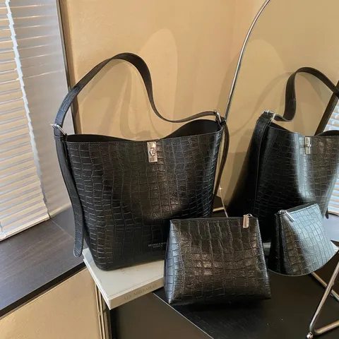 Large Capacity Crocodile Pattern PU Leather Tote Bag For Women Vintage Casual Bucket Shoulder Bag With Sub-bag Travel Handbag