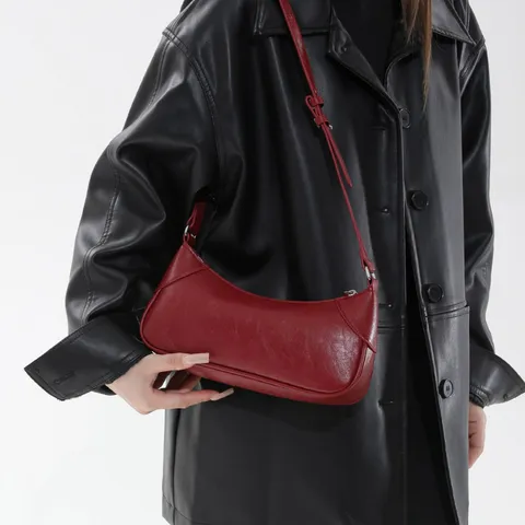 Fashion PU Leather Baguette Bag For Women Classic Solid Color Underarm Shoulder Bag Vintage Commuting Small Square Handbag