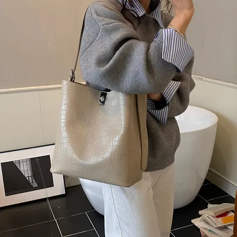 Large Capacity Crocodile Pattern PU Leather Tote Bag For Women Vintage Casual Bucket Shoulder Bag With Sub-bag Travel Handbag