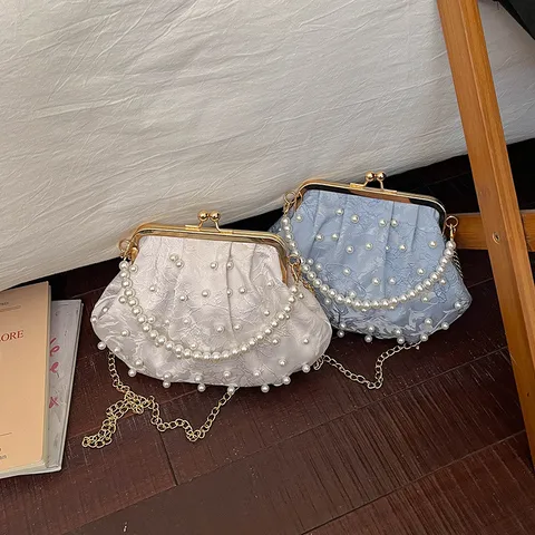 Women Elegant Embroidered Shell Evening Bag Artificial Pearl Kiss Lock Clutch With Metal Chain Crossbody Shoulder Bag