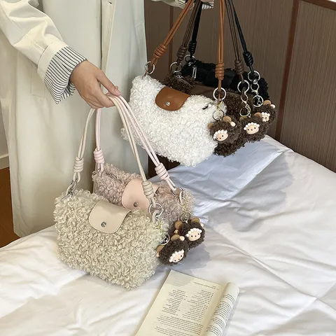 Women's Sherpa Fleece Crossbody Bag Winter Plush Shoulder Bag With Contrast Faux Leather Flap And Cute Animal Pendant Handbag