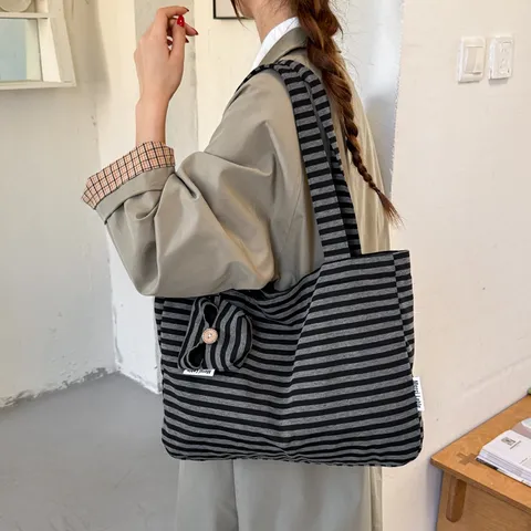 Japanese Mori Style Striped Canvas Tote Bag Large Capacity Shoulder Bag Women Student School Handbag Casual Daily Bag