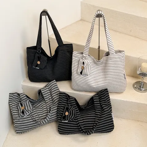 Japanese Mori Style Striped Canvas Tote Bag Large Capacity Shoulder Bag Women Student School Handbag Casual Daily Bag