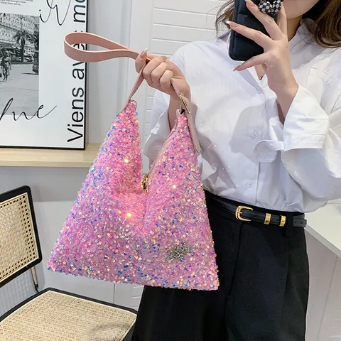 Women Fashion Sequin Shoulder Bag Underarm Handbag Sparkly Bucket Bag Casual Tote Purse With Rhinestone Star Charm